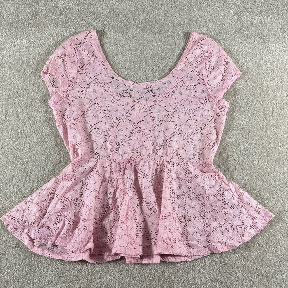 Coquette Boho Fairy Pink Floral Lace Peplum Top Short Sleeve Scoop Neck size XL